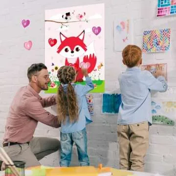 PLULON Valentines Game for Kids Pin Heart on Fox with 24 Heart Stickers Poster Backdrop for Girl Boy Valentines Party Decorations School Family Classroom Activities Valentines Party Favor Supplies