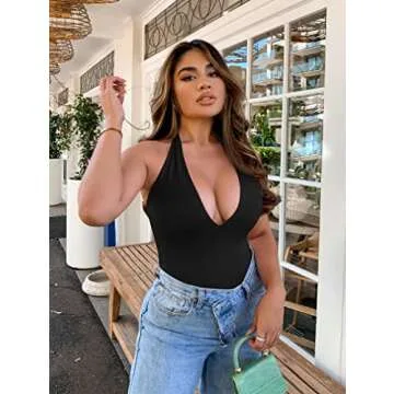 Stylish YMDUCH Sleeveless Halter V Neck Bodysuit