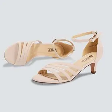 IDIFU Women's Low Kitten Strappy Sandals Heels Open Toe Ankle Strap Bridal Dress Wedding Shoes For Women(Nude Nubuck, 8 M US)