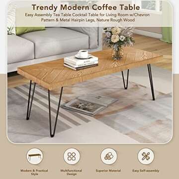 Modern Wood Coffee Table, Nature Cocktail Table for Living Room Chevron Pattern & Metal Hairpin Legs, Nature Rustic Rectangular Table