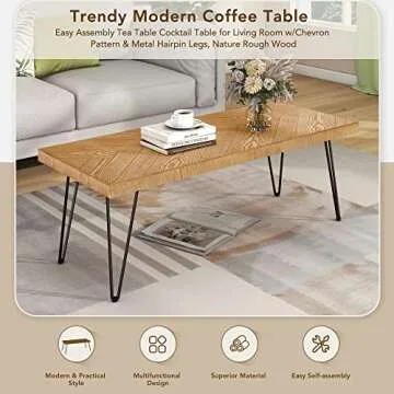 Modern Wood Coffee Table, Nature Cocktail Table for Living Room Chevron Pattern & Metal Hairpin Legs, Nature Rustic Rectangular Table