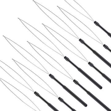 10 Pieces Hair Extension Loop Needle Threader Pulling Hook Tool and Bead Device Tool Black Loop Threader for Hair or Feather Extensions (Black)