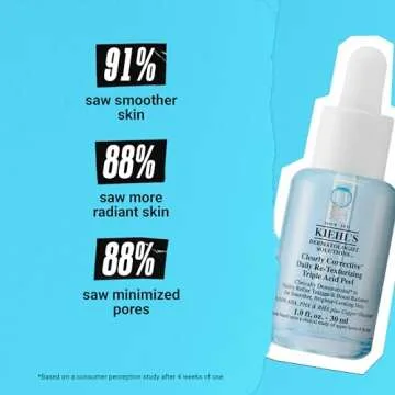 Kiehl's Clearly Corrective Daily Re-Texturizing Triple Acid Peel Serum, Gentle Exfoliating Facial Peel, Smoothes Texture, Primes Skin, with Salicylic Acid, Glycolic Acid, Lactic Acid - 1 fl oz