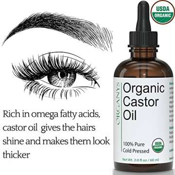 Organys Organic Castor Oil 2oz, For Longer Fuller Thicker Looking Hair Eyelashes & Eyebrows Enhances...