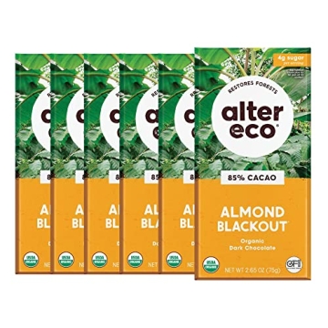 Alter Eco Dark Chocolate Bars | Pure Dark Cocoa, Fair Trade and Organic | 6-Pack Almond Blackout