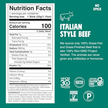CHOMPS Grass Fed Italian Style Beef Jerky Snack Sticks, Keto, Whole30, Paleo, Gluten Free, Sugar Free, Low Carb, AIP Diet Compliant, 100 Calories,1.15 Oz, Pack of 24