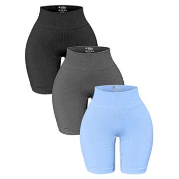 OQQ Women's 3 Pack High Waisted Yoga Ribbed Seamless Tummy Control Workout Athletic Shorts, Black Grey Candyblue, Medium
