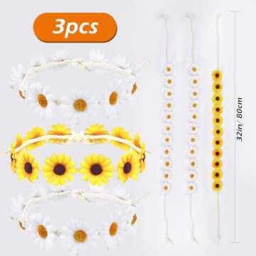 Bnikion 3 Pcs Sunflower Headband Crown Headpiece Daisy Headbands for Women Girl 60s Hippie Boho Hat Accessories Bridal Wedding Summer Beach Party Hair Wreath Garland
