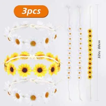 Bnikion 3 Pcs Sunflower Headband Crown Headpiece Daisy Headbands for Women Girl 60s Hippie Boho Hat Accessories Bridal Wedding Summer Beach Party Hair Wreath Garland