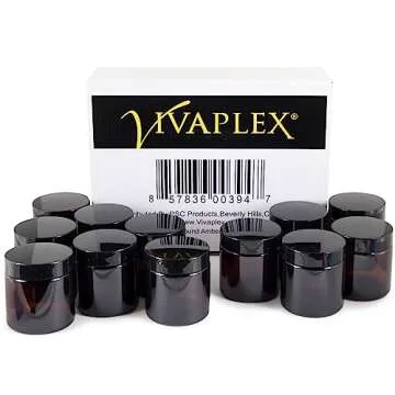 Vivaplex, 12, Amber, 4 oz, Round Glass Jars, with Inner Liners and black Lids