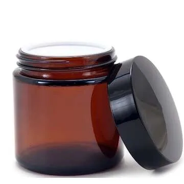 Vivaplex, 12, Amber, 4 oz, Round Glass Jars, with Inner Liners and black Lids
