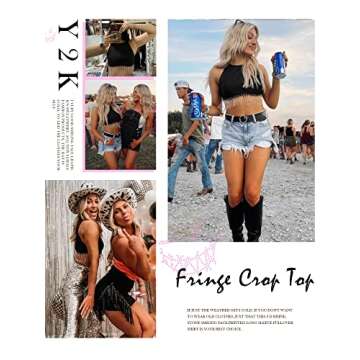 Womens Nashville Sparkly Rhinestone Fringe Sleeveless Crop Tops Y2K Raceback Ribbed Cropped Tank Tops with Glitter Tassel
