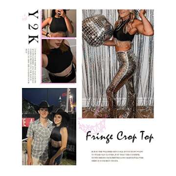 Womens Nashville Sparkly Rhinestone Fringe Sleeveless Crop Tops Y2K Raceback Ribbed Cropped Tank Tops with Glitter Tassel
