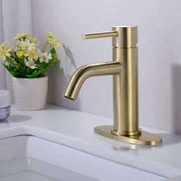 Elegant TRUSTMI Brass Single Lever Bathroom Basin Sink Faucet - Brushed Gold Finish with Pop Up Drai...