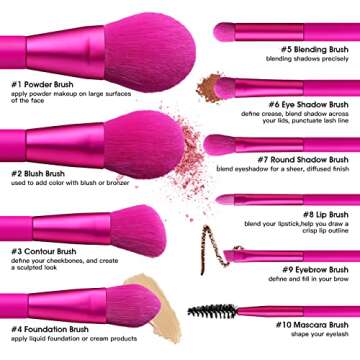 Makeup Brushes, Birthday Gift for Women EIGSHOW Premium Synthetic Makeup Brushes Set for Foundation Blending Face Powder Lip Blush Contour Eyeshadow Travel Makeup- Cruelty-Free (Vegan 10pcs Magenta)