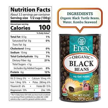 Eden Organic Black Beans, 15 oz Can (12-Pack Case), No Salt Added, Non-GMO, U.S Grown, Heat and Serv...