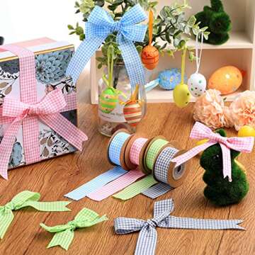 Chuangdi 4 Rolls Summer Wired Ribbons Gingham Ribbon Buffalo Check Edge Ribbon Plaid Wrapping Ribbons Spring Polyester Decorative Ribbon for DIY Crafts Holiday Party Home Decor, 1 Inch, 22 Yards