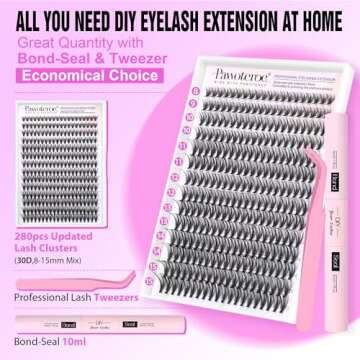 Pawotence Lash Extension Kit DIY 280pcs Individual Lash Clusters Kit 30D Natural 8-15mm Cluster Eyelash Extensions Kit with Lash Bond and Seal, Lash Tweezers for Self Use (30D, 0.07D, 8-15mm, Kit)