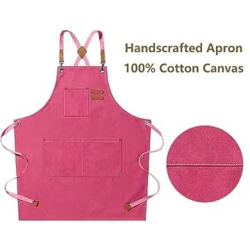 AFUN Chef Aprons for Men Women with Large Pockets, Cotton Canvas Cross Back Heavy Duty Adjustable Work Apron, Size M to XXL (Pink)