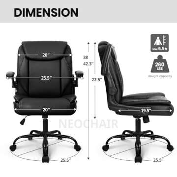 NEO CHAIR Office Chair Adjustable Desk Chair Mid Back Executive Comfortable PU Leather Ergonomic Gaming Back Support Home Computer with Flip-up Armrest Swivel Wheels (Jet Black)