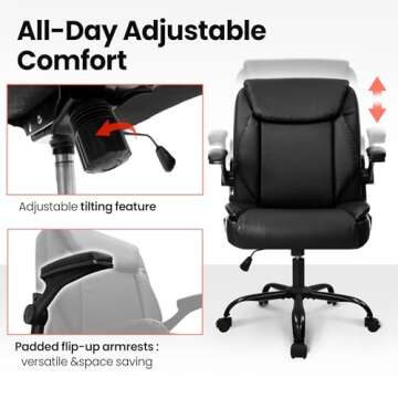 NEO CHAIR Office Chair Adjustable Desk Chair Mid Back Executive Comfortable PU Leather Ergonomic Gaming Back Support Home Computer with Flip-up Armrest Swivel Wheels (Jet Black)