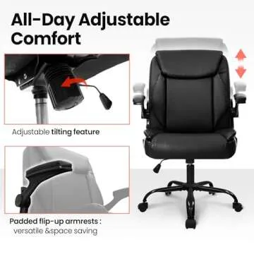 NEO CHAIR Office Chair Adjustable Desk Chair Mid Back Executive Comfortable PU Leather Ergonomic Gaming Back Support Home Computer with Flip-up Armrest Swivel Wheels (Jet Black)