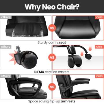 NEO CHAIR Office Chair Adjustable Desk Chair Mid Back Executive Comfortable PU Leather Ergonomic Gaming Back Support Home Computer with Flip-up Armrest Swivel Wheels (Jet Black)