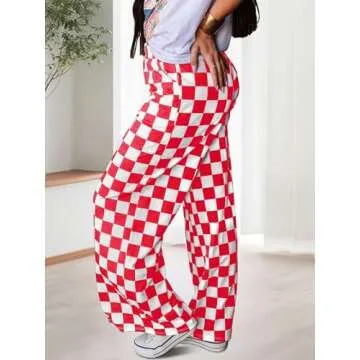 IYOWEL Womens Checkered Pants Y2K Pajama Pants Elastic Waist Wide Leg Lounge Pants Comfy Pj Bottoms with Pockets Loungewear Red White S