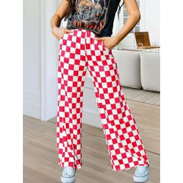 IYOWEL Womens Checkered Pants Y2K Pajama Pants Elastic Waist Wide Leg Lounge Pants Comfy Pj Bottoms with Pockets Loungewear Red White S