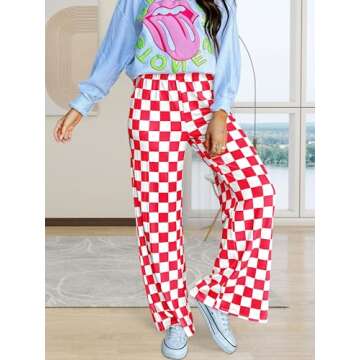 IYOWEL Womens Checkered Pants Y2K Pajama Pants Elastic Waist Wide Leg Lounge Pants Comfy Pj Bottoms with Pockets Loungewear Red White S