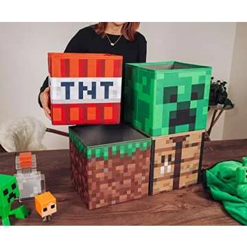 Minecraft 10-Inch Storage Set of 4 Bins | Includes Creeper, TNT, Grass, Crafting Table | Fabric Bask...