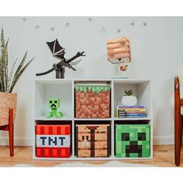 Minecraft 10-Inch Storage Set of 4 Bins | Includes Creeper, TNT, Grass, Crafting Table | Fabric Basket Container, Cubby Closet Organizer, Home Decor for Playroom | Video Game Gifts And Collectibles