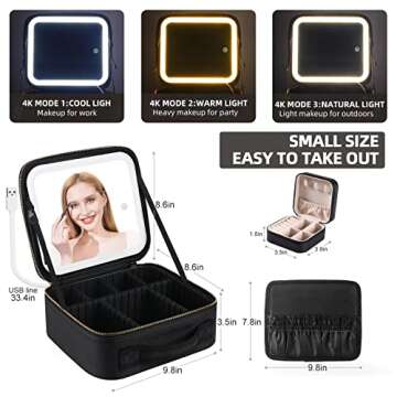 S&N Remille Travel Makeup Case with LED Light Mirror, Portable Waterproof Makeup Bag with 3 Adjustab...