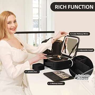 S&N Remille Travel Makeup Case with LED Light Mirror, Portable Waterproof Makeup Bag with 3 Adjustable Color Brightness Professional Cosmetic Train Case Organizer with Adjustable Dividers