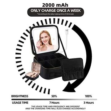 S&N Remille Travel Makeup Case with LED Light Mirror, Portable Waterproof Makeup Bag with 3 Adjustable Color Brightness Professional Cosmetic Train Case Organizer with Adjustable Dividers