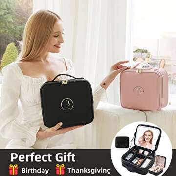S&N Remille Travel Makeup Case with LED Light Mirror, Portable Waterproof Makeup Bag with 3 Adjustable Color Brightness Professional Cosmetic Train Case Organizer with Adjustable Dividers