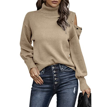 KIRUNDO Women's Stylish Turtleneck Cold Shoulder Sweater