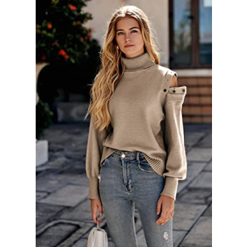 KIRUNDO Women's Stylish Turtleneck Cold Shoulder Sweater