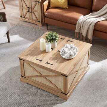 Barnyatoh Farmhouse Square Coffee Table with Storage, Wood Center Table with Hinged Lift Top, Rustic Cocktail Table with Large Hidden Storage Compartment for Living Room, Bedroom,Natural,Rattan
