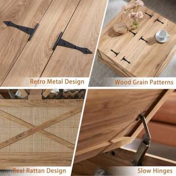 Barnyatoh Farmhouse Square Coffee Table with Storage, Wood Center Table with Hinged Lift Top, Rustic Cocktail Table with Large Hidden Storage Compartment for Living Room, Bedroom,Natural,Rattan