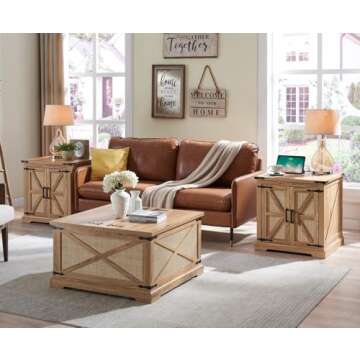 Barnyatoh Farmhouse Square Coffee Table with Storage, Wood Center Table with Hinged Lift Top, Rustic Cocktail Table with Large Hidden Storage Compartment for Living Room, Bedroom,Natural,Rattan