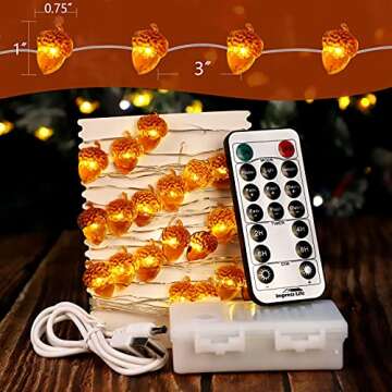 Impress Life Thanksgiving Decoration Acorn String Lights, 10ft Silver Wire 40 LED Battery Powered with Dimmable Remote Timer for Ice Age, Indoor,Wedding, Birthday Bedroom Fireplace Decorations