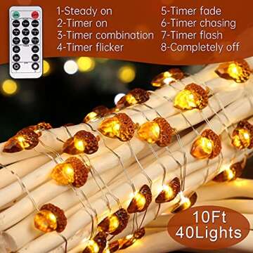 Impress Life Thanksgiving Decoration Acorn String Lights, 10ft Silver Wire 40 LED Battery Powered with Dimmable Remote Timer for Ice Age, Indoor,Wedding, Birthday Bedroom Fireplace Decorations