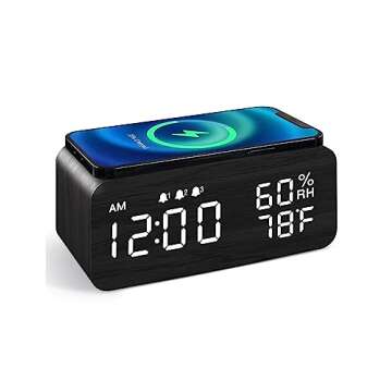 JALL Wooden Digital Alarm Clock with Wireless Charging, Dimmable, Adjustable Volume, 3 Alarms, Weekd...