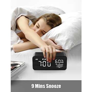 JALL Wooden Digital Alarm Clock with Wireless Charging, Dimmable, Adjustable Volume, 3 Alarms, Weekday/Weekend Mode, Snooze, Digital Clock for Bedroom, Bedside, Office (Black)