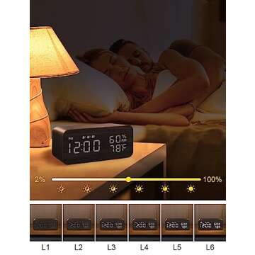 JALL Wooden Digital Alarm Clock with Wireless Charging, Dimmable, Adjustable Volume, 3 Alarms, Weekday/Weekend Mode, Snooze, Digital Clock for Bedroom, Bedside, Office (Black)