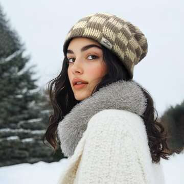 CLAPE Womens Cute Slouchy Beanies Hats, Winter Warm Chunky Checkered Beanie Large Cuff Knitted Hat Ski Cap for Cold Weather