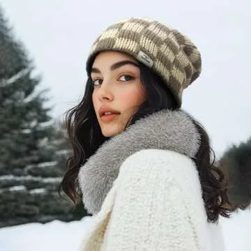 CLAPE Womens Cute Slouchy Beanies Hats, Winter Warm Chunky Checkered Beanie Large Cuff Knitted Hat Ski Cap for Cold Weather