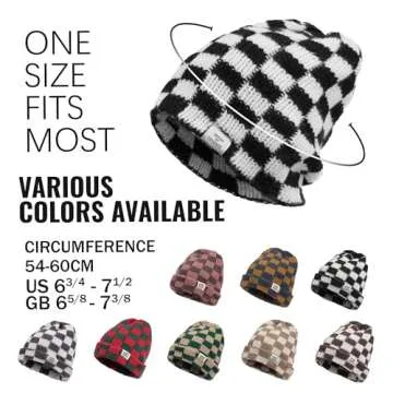 CLAPE Womens Cute Slouchy Beanies Hats, Winter Warm Chunky Checkered Beanie Large Cuff Knitted Hat Ski Cap for Cold Weather