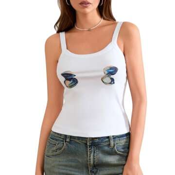 NUFIWI Y2k Cute Printed Tank Top for Women Aesthetic Graphic Crop Top Sleeveless Slim Fit Going Out Camisole Vintage(Clams,L)